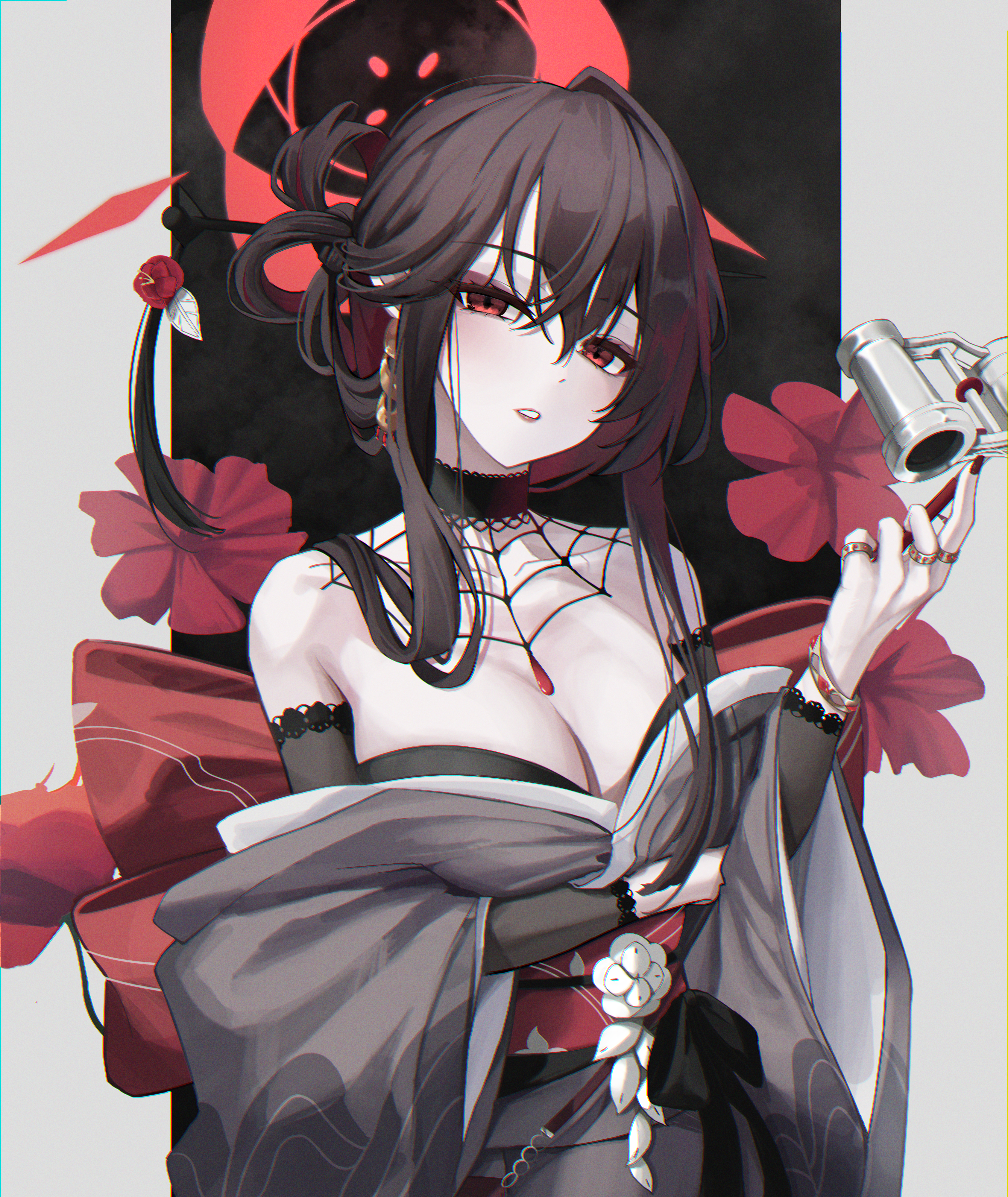 1girl absurdres black_hair blue_archive blush breasts cleavage grey_kimono hair_between_eyes halo highres holding japanese_clothes kimono kokuriko_(blue_archive) large_breasts long_hair long_sleeves moko_(jw7436) nail_polish obi open_mouth opera_glasses red_eyes red_halo sash solo wide_sleeves