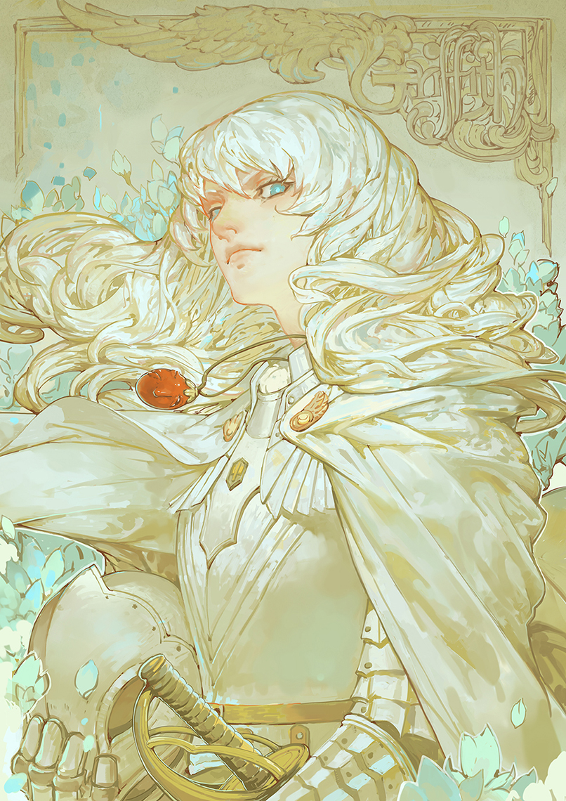1990s_(style) 1boy armor berserk blue_eyes cape griffith_(berserk) helmet hunsay long_hair male_focus smile solo sword wavy_hair weapon white_hair