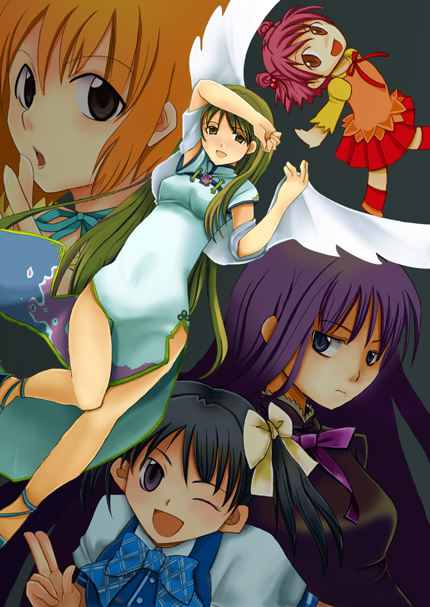5girls akanegasaki_sora bad_id bad_pixiv_id brown_hair china_dress chinese_clothes dress ever_17 hair_ribbon komachi_tsugumi matsunaga_sara mother_and_daughter multiple_girls okane orange_hair pink_hair purple_eyes purple_hair ribbon tanaka_you tanaka_yubiseiakikana wings yagami_coco