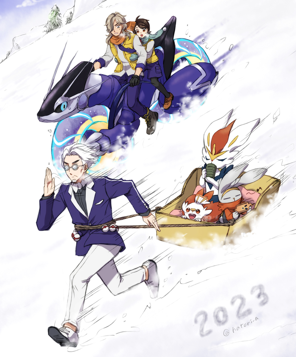 1girl 2023 2boys arven_(pokemon) black_pantyhose brown_footwear brown_hair chinese_zodiac cinderace clavell_(pokemon) commentary_request creatures_(company) day game_freak gen_4_pokemon gen_8_pokemon gloves hatori_a highres jacket juliana_(pokemon) legendary_pokemon long_sleeves miraidon motion_lines multiple_boys nintendo open_clothes open_vest orange_scarf outdoors pants pantyhose poke_ball pokemon pokemon_(creature) pokemon_sv premier_ball purple_jacket purple_pants purple_shorts raboot riding riding_pokemon rotom rotom_phone running scarf scorbunny shirt shoes shorts sled snow vest white_footwear white_pants year_of_the_rabbit yellow_vest