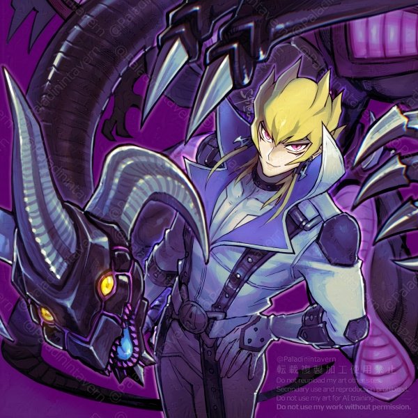 1boy belt blonde_hair bodysuit dragon earrings izapara jack_atlas jewelry male_focus medium_hair official_alternate_color purple_background purple_eyes red_dragon_archfiend sharp_teeth simple_background teeth watermark white_bodysuit yellow_eyes yu-gi-oh! yu-gi-oh!_5d&#039;s