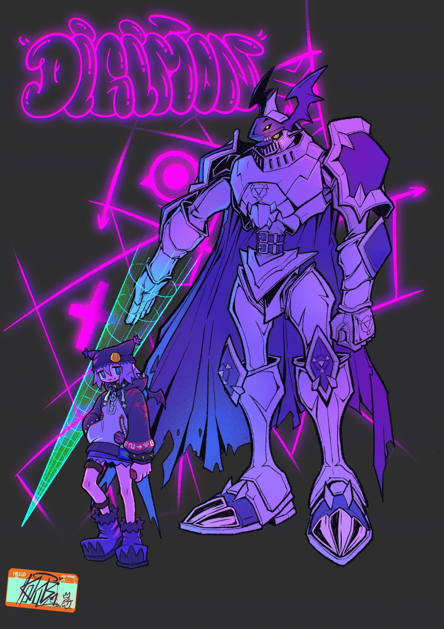 1other armor black_background black_hat cape digimon digimon_(creature) digimon_(virtual_pet) dukemon full_body hat highres knight koyubidododo muted_color neon_lights virtual_pet_(toy)