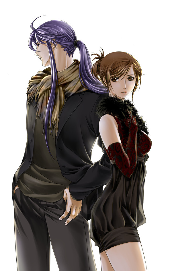 1boy 1girl brown_hair couple dancing_love_(vocaloid) dress formal_clothes gloves hetero kamui_gakupo meiko_(vocaloid) purple_hair scarf short_hair simple_background suit toyu vocaloid