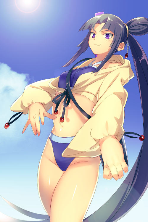 1girl bare_shoulders bikini black_hair blue_bikini blue_eyes blue_sky breasts collarbone echo_(circa) fate/grand_order fate_(series) hair_bun jacket long_hair long_sleeves looking_at_viewer medium_breasts navel outdoors parted_bangs side_ponytail sidelocks single_side_bun sky smile solo swimsuit thighs ushiwakamaru_(fate) ushiwakamaru_(swimsuit_assassin)_(fate) ushiwakamaru_(swimsuit_assassin)_(first_ascension)_(fate) very_long_hair yellow_jacket