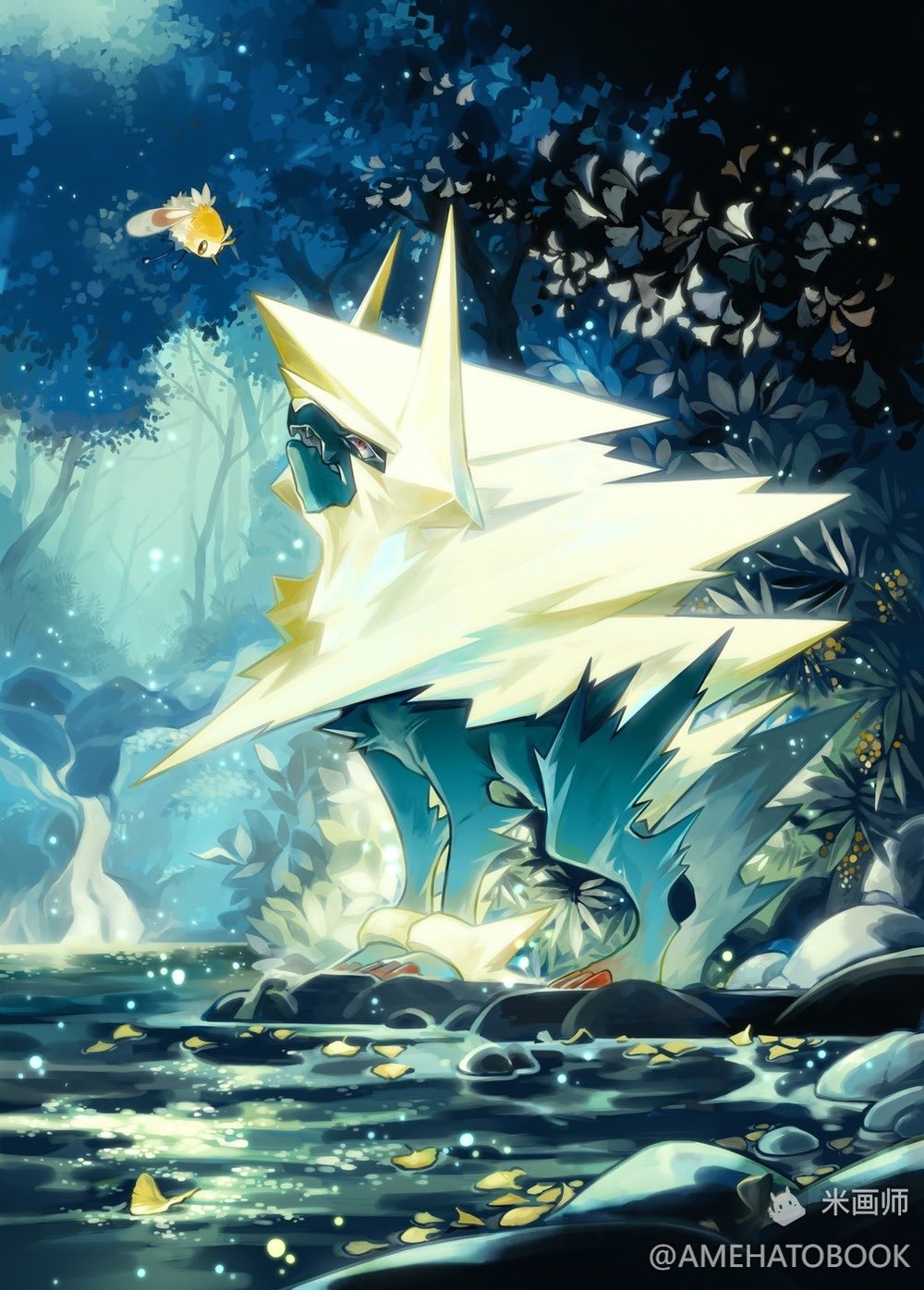amehatobook claws commentary_request cutiefly eye_contact gen_3_pokemon gen_7_pokemon glowing highres looking_at_another looking_up manectric mega_manectric mega_pokemon nintendo no_humans open_mouth pokemon pokemon_(creature) red_eyes river rock standing tree water watermark