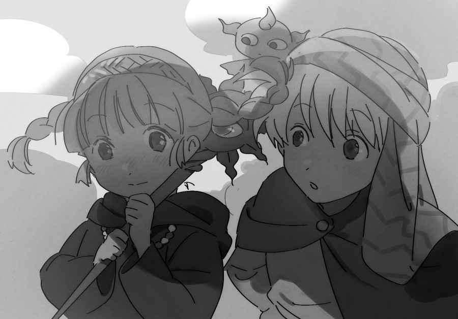 1girl 2boys alternate_hairstyle backlighting bad_id bad_tumblr_id blunt_bangs blush braid child closed_mouth cloud gipple greyscale hairband hands_up holding hood hood_down jewelry kukuri_(mahoujin_guruguru) light_smile long_sleeves looking_at_another mahoujin_guruguru monochrome multiple_boys necklace nike_(mahoujin_guruguru) nose_blush outdoors parted_lips pearl_necklace raised_eyebrows roku_(tsua-kihuyu) tareme upper_body