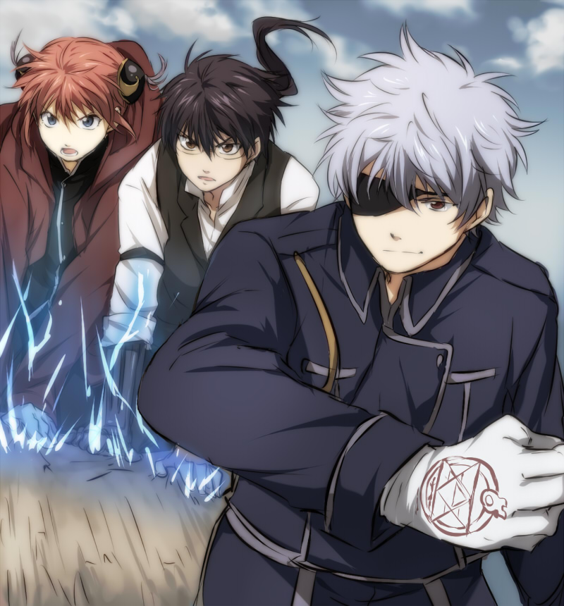 1girl 2boys alphonse_elric alphonse_elric_(cosplay) alternate_hairstyle black_hair blue_eyes brown_eyes coat conqueror_of_shambala cosplay double_bun edward_elric edward_elric_(cosplay) eyepatch fullmetal_alchemist gintama glasses gloves hair_bun hijikata_toushirou jacket kagura_(gintama) long_hair magic_circle maruki_(punchiki) military military_uniform multiple_boys ponytail red_eyes red_hair red_jacket roy_mustang roy_mustang_(cosplay) sakata_gintoki short_hair silver_hair white_gloves