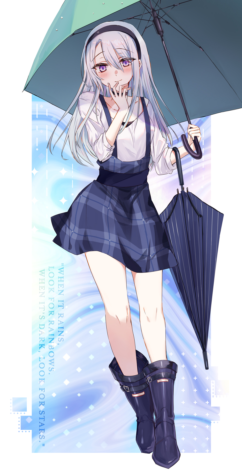 1girl asymmetrical_bangs black_hairband blue_skirt boots english_text grey_hair hairband highres holding holding_umbrella kantai_collection kinona looking_at_viewer official_alternate_costume plaid_clothes plaid_skirt purple_eyes rubber_boots sagiri_(kancolle) sagiri_(rainy_season)_(kancolle) shirt skirt smile solo suspender_skirt suspenders swept_bangs umbrella white_shirt