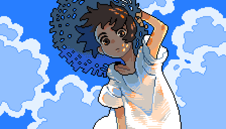 1girl animated animated_gif backlighting blue_sky brown_eyes brown_hair closed_mouth cloud day dress hand_on_headwear hat looping_animation mawaro9696 original outdoors pixel_art shirt short_hair short_sleeves sky solo straw_hat white_dress white_shirt wind