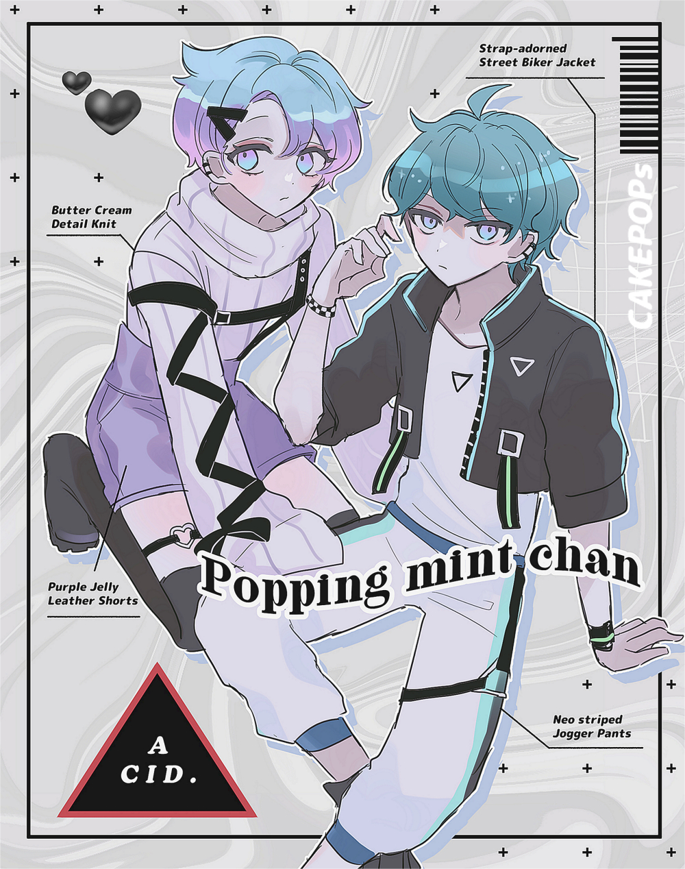 2boys aqua_hair blue_hair blush cookie_run cookie_run:_ovenbreak english_text expressionless heart highres humanization looking_at_viewer male_focus mamimumemo multicolored_hair multiple_boys pants personification popping_candy_cookie purple_hair short_hair spearmint_cookie two-tone_hair