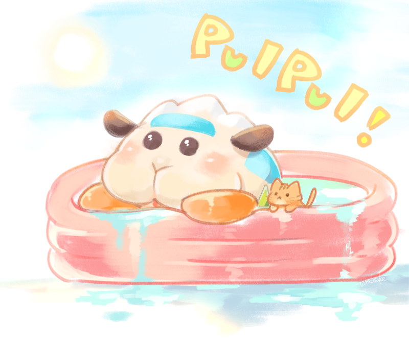 abbey_(pui_pui_molcar) black_eyes blue_sky cat chappy_(pui_pui_molcar) happy molcar no_humans open_mouth pui_pui_molcar shoshinsha_mark sky solid_circle_eyes sun tamasuke wading_pool