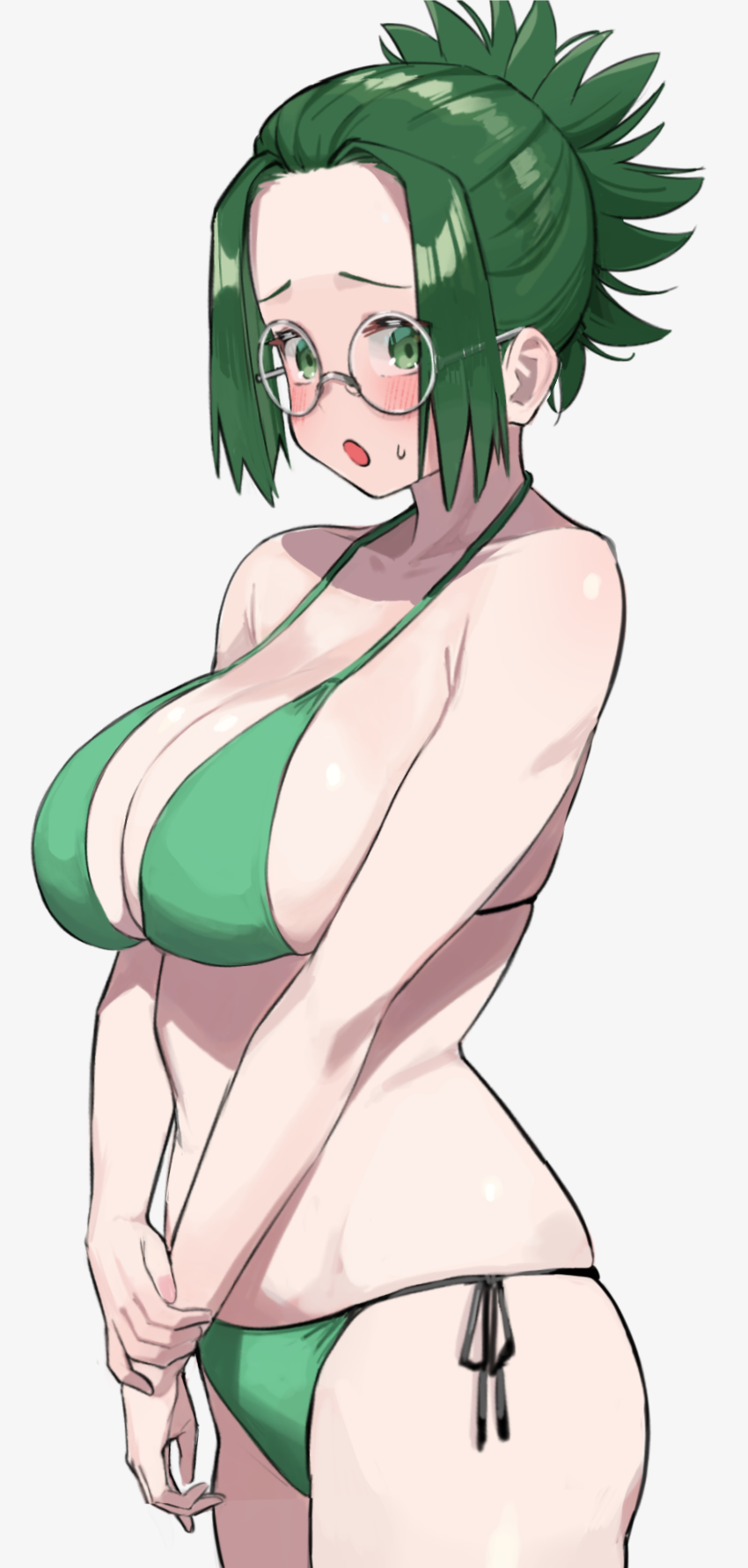 1girl :o agari_himiko ayatak0517 bikini blush breasts cleavage commentary_request cowboy_shot forehead glasses green_bikini green_eyes green_hair grey_background highres komi-san_wa_komyushou_desu large_breasts open_mouth round_eyewear side-tie_bikini_bottom simple_background solo standing string_bikini sweat swimsuit