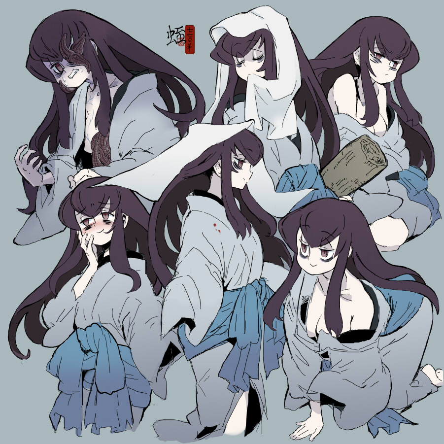770mk all_fours annoyed bags_under_eyes black_hair blood blood_on_clothes blue_sash blush breasts brown_eyes cleavage closed_mouth cropped_legs frown glaring grey_background grey_kimono grimace hand_on_own_cheek hand_on_own_face headscarf japanese_clothes kimono large_breasts leech long_hair looking_at_viewer looking_to_the_side mat missing_eye mouth_hold multiple_views no_bra nose_blush off_shoulder open_clothes open_kimono original partially_undressed sash shaded_face simple_background sleeves_past_fingers sleeves_past_wrists smile sweat uneven_eyes v-shaped_eyebrows waist_sash