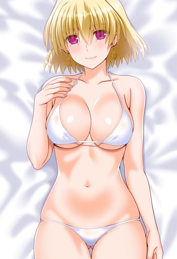 1girl bare_shoulders bikini blonde_hair blush breasts cleavage collarbone commentary_request earrings engo_(aquawatery) gluteal_fold jewelry large_breasts looking_at_viewer lying lyrical_nanoha midriff navel purple_eyes shamal short_hair smile solo swimsuit white_bikini