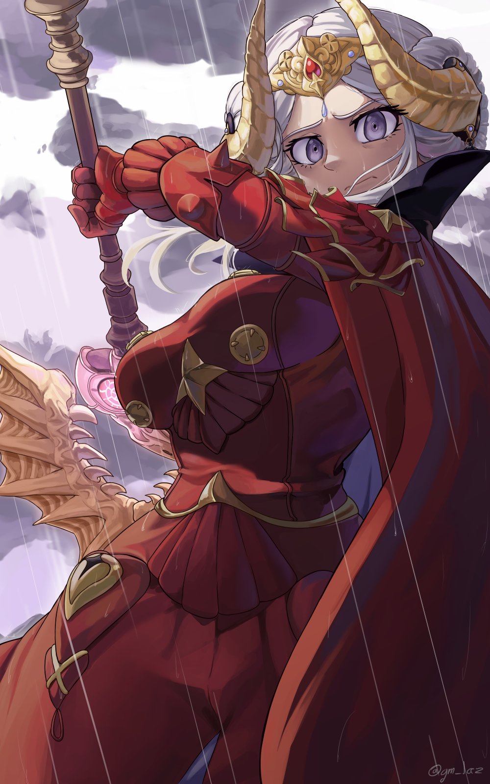 1girl axe aymr_(fire_emblem) cape commission edelgard_von_hresvelg edelgard_von_hresvelg_(timeskip) fake_horns fire_emblem fire_emblem:_three_houses gloves goat_horns highres holding holding_axe horns laz_gm looking_at_viewer nintendo purple_eyes red_cape red_gloves white_hair