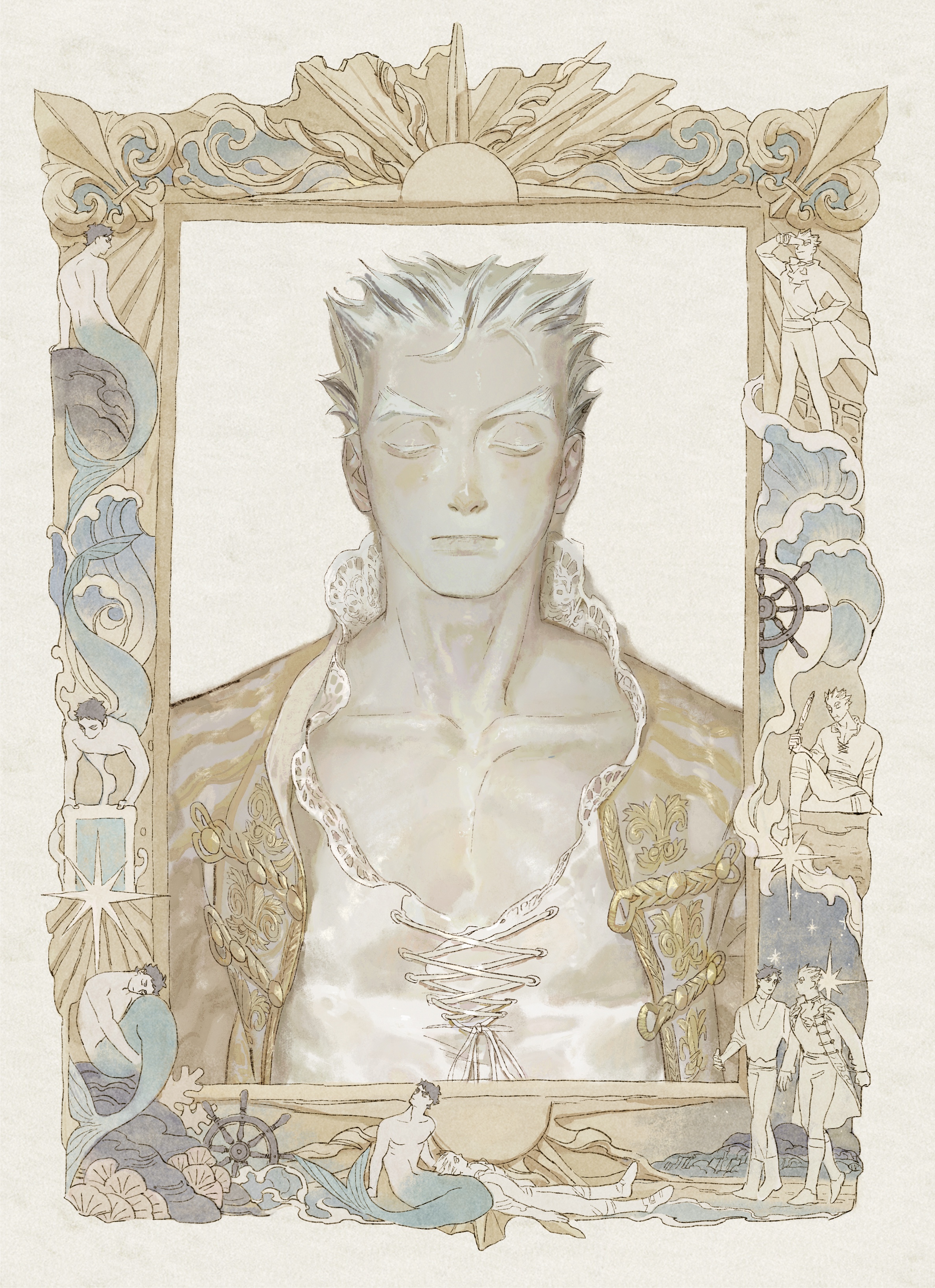 2boys absurdres akaashi_keiji beach black_hair bokuto_koutarou chengongzi123 closed_mouth coat cross-laced_clothes diving facing_viewer feathers haikyuu!! hand_on_own_hip highres holding holding_feather lace_trim lap_pillow male_focus merman monster_boy multicolored_hair multiple_boys multiple_views nude ocean pants picture_frame portrait_(object) pout self_hug shading_eyes short_hair side-by-side sitting solo_focus spiked_hair spinning_wheel standing streaked_hair sun_symbol the_little_mermaid_(disney) two-tone_hair unbuttoned walking waves white_hair