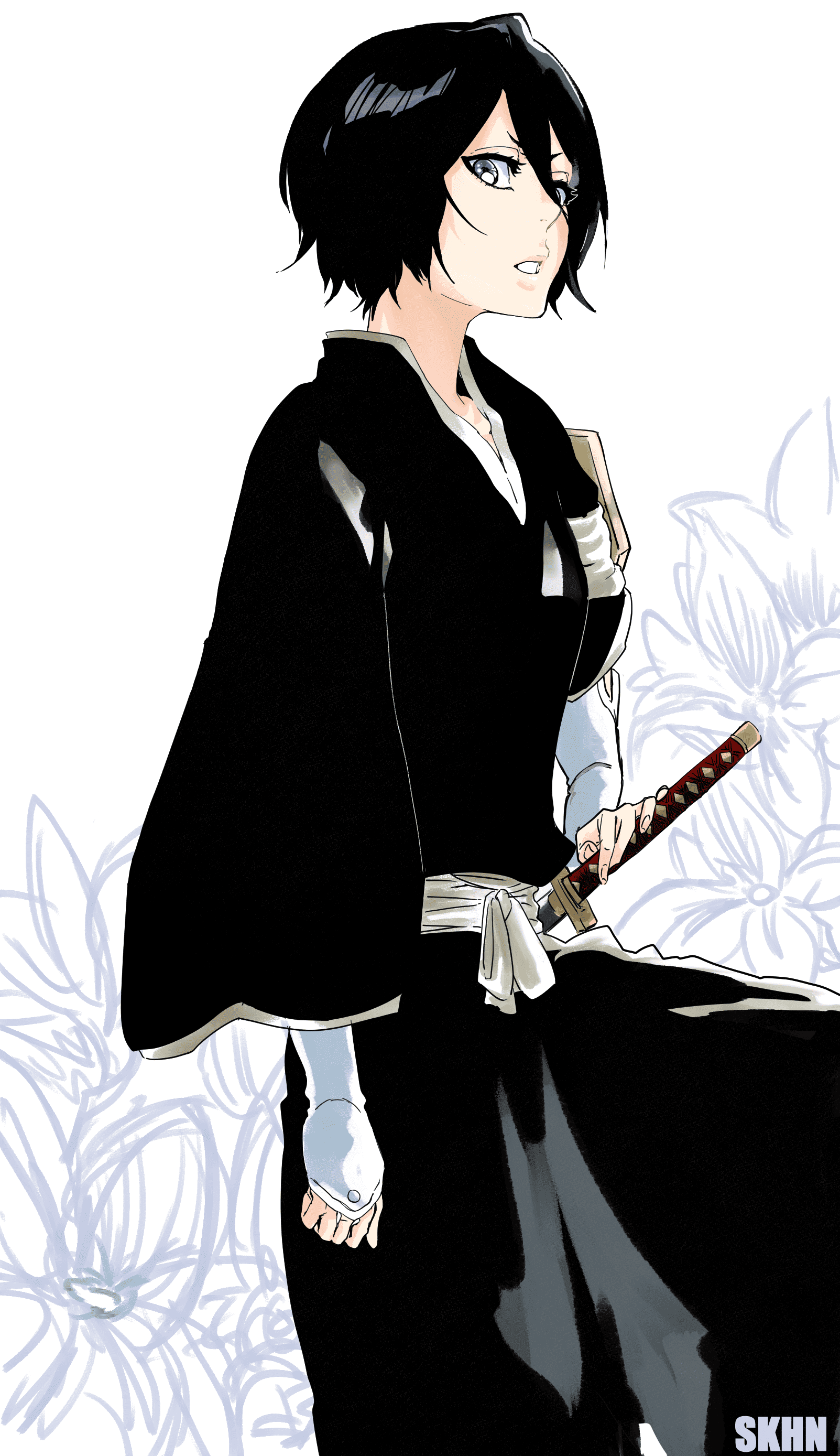 1girl absurdres arm_at_side artist_name badge black_hair black_hakama black_kimono bleach commentary_request double-parted_bangs flower fukutaichou_badge gauntlets hair_between_eyes hakama hand_on_hilt highres holding holding_sword holding_weapon japanese_clothes kimono knee_up kuchiki_rukia long_sleeves looking_at_viewer open_mouth purple_eyes sash sekihan_(6kihan) shihakusho shinigami short_hair sidelocks simple_background solo sword three_quarter_view weapon white_background white_sash wide_sleeves zanpakutou