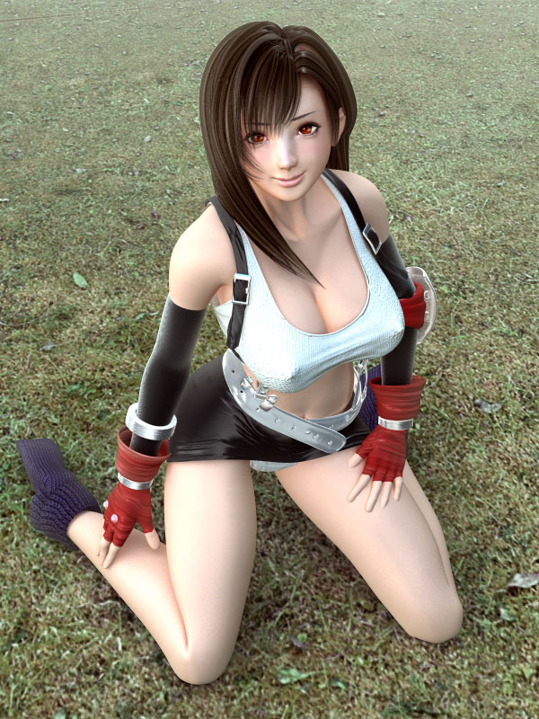 1990s_(style) 1girl 3d black_hair breasts brown_hair covered_erect_nipples female_focus final_fantasy final_fantasy_vii fingerless_gloves full_body gloves huge_breasts incise_soul kneeling long_hair m-rs miniskirt nipples no_shoes panties pantyshot pencil_skirt red_eyes retro_artstyle skirt socks solo square_enix suspender_skirt suspenders tifa_lockhart underwear upskirt