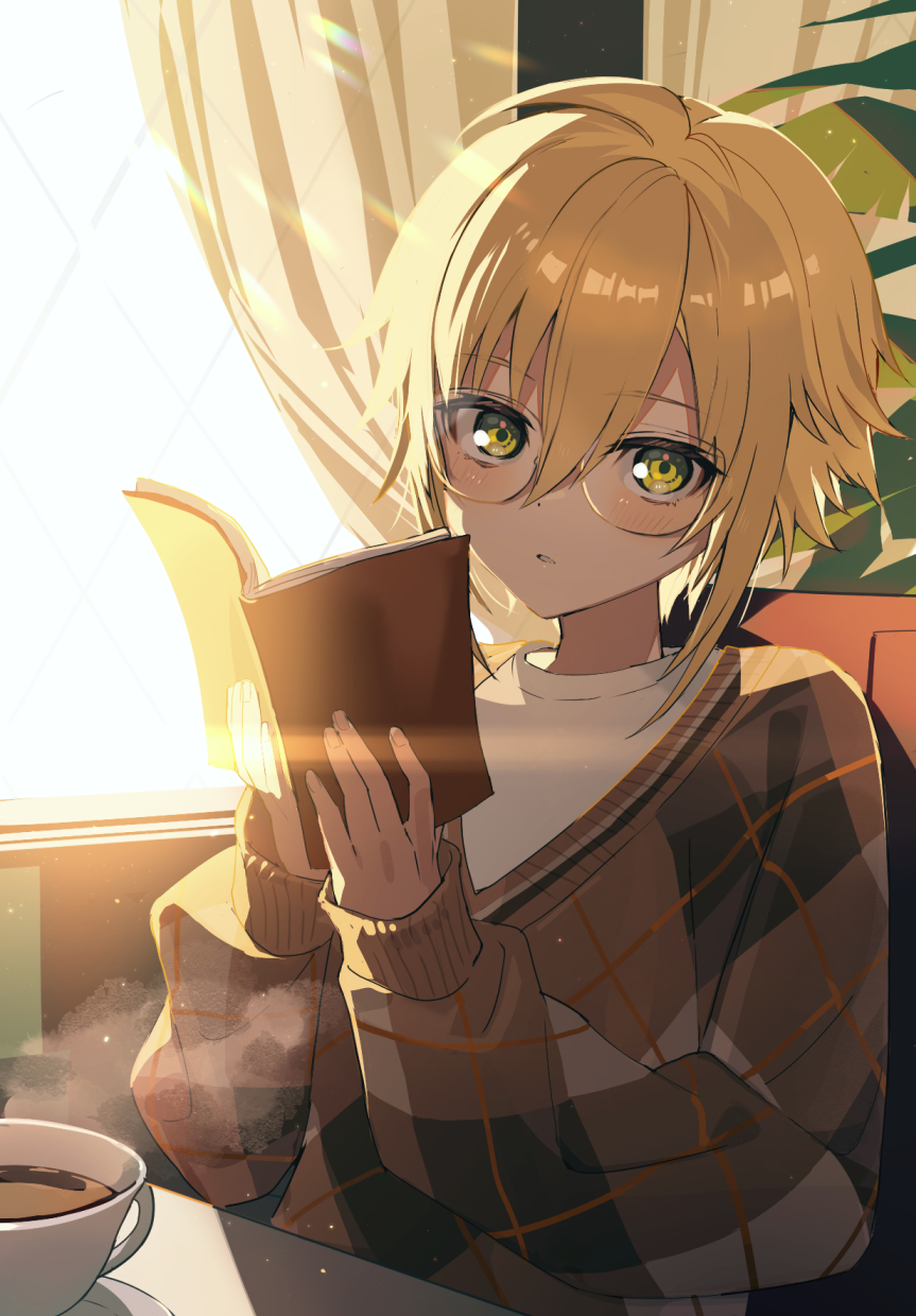 1boy blonde_hair book brown_sweater chair coffee fuubuu glasses green_eyes hair_between_eyes highres holding holding_book indoors looking_at_viewer male_focus nijisanji on_chair open_book parted_lips plant shirt short_hair sitting sleeves_past_wrists solo steam sunlight sweater upper_body uzuki_kou virtual_youtuber white_shirt window