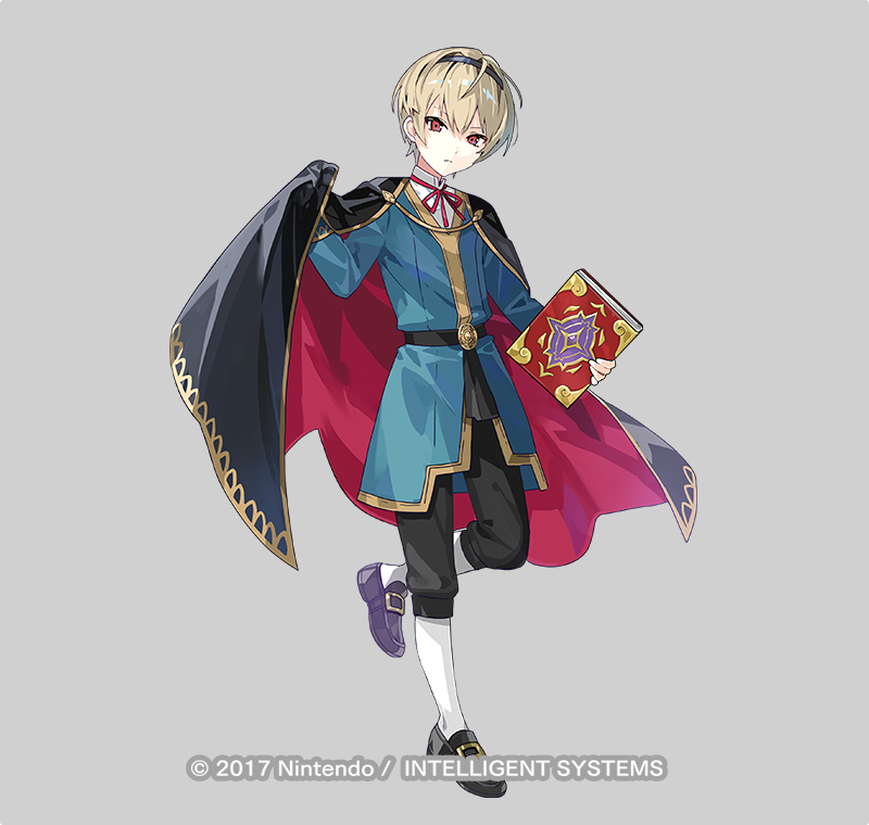 1boy aged_down bishounen black_cape blonde_hair book brown_eyes cape copyright_notice fire_emblem fire_emblem_fates fire_emblem_heroes grey_background holding holding_book leo_(fire_emblem_fates) leo_(young_sprout)_(fire_emblem_fates) male_focus multicolored_cape nintendo official_art red_cape simple_background solo tiara tobi_(kotetsu)