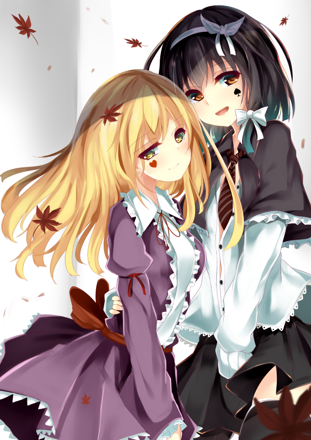 2girls :d arm_garter autumn_leaves black_hair black_legwear black_skirt blonde_hair blush bow breasts capelet cowboy_shot dress dress_shirt frilled_shirt_collar frills green_eyes hair_bow hair_ribbon hairband heart heart_tattoo juliet_sleeves leaf long_hair long_sleeves looking_at_viewer maple_leaf maribel_hearn medium_breasts mikagemaru_(mikage000) multiple_girls necktie no_headwear open_mouth puffy_sleeves purple_dress ribbon sash shirt skirt smile spade striped_necktie striped_neckwear tattoo thighhighs touhou usami_renko white_bow white_ribbon white_shirt
