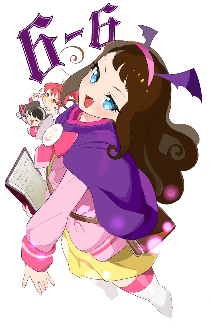 3girls :&gt; bag bending_backward birthday blue_eyes blush book brown_hair cape cardigan chibi chibi_inset closed_mouth commentary_request cropped_legs curly_hair dress fang from_side gaaruru_(pripara) hairband hand_up headphones holding holding_book index_finger_raised kurosu_aroma long_hair long_sleeves looking_at_viewer looking_to_the_side moudoku_(decopon3rd) multiple_girls open_mouth outstretched_arm pink_cardigan pink_hairband ponytail pretty_series pripara purple_cape red_hair shiratama_mikan short_bangs short_dress shoulder_bag sidelocks simple_background smile smirk standing thighhighs twintails white_background white_thighhighs winged_hairband yellow_dress yellow_eyes