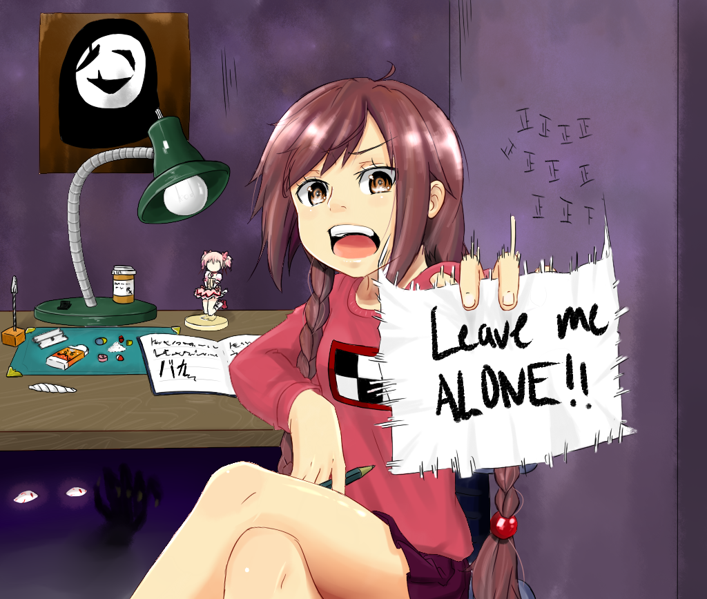 10s 1girl braid brown_eyes brown_hair character_doll crossed_legs desk drawfag drugs english_text faceless female_focus hair_over_shoulder holding holding_sign joint kaname_madoka kaname_madoka_(magical_girl) lamp long_hair madotsuki magister mahou_shoujo_madoka_magica mahou_shoujo_madoka_magica_(anime) open_mouth pencil pill pink_shirt shirt sign sign_holding sitting skirt solo sweater tally translated twin_braids twintails uboa when_you_see_it yume_nikki