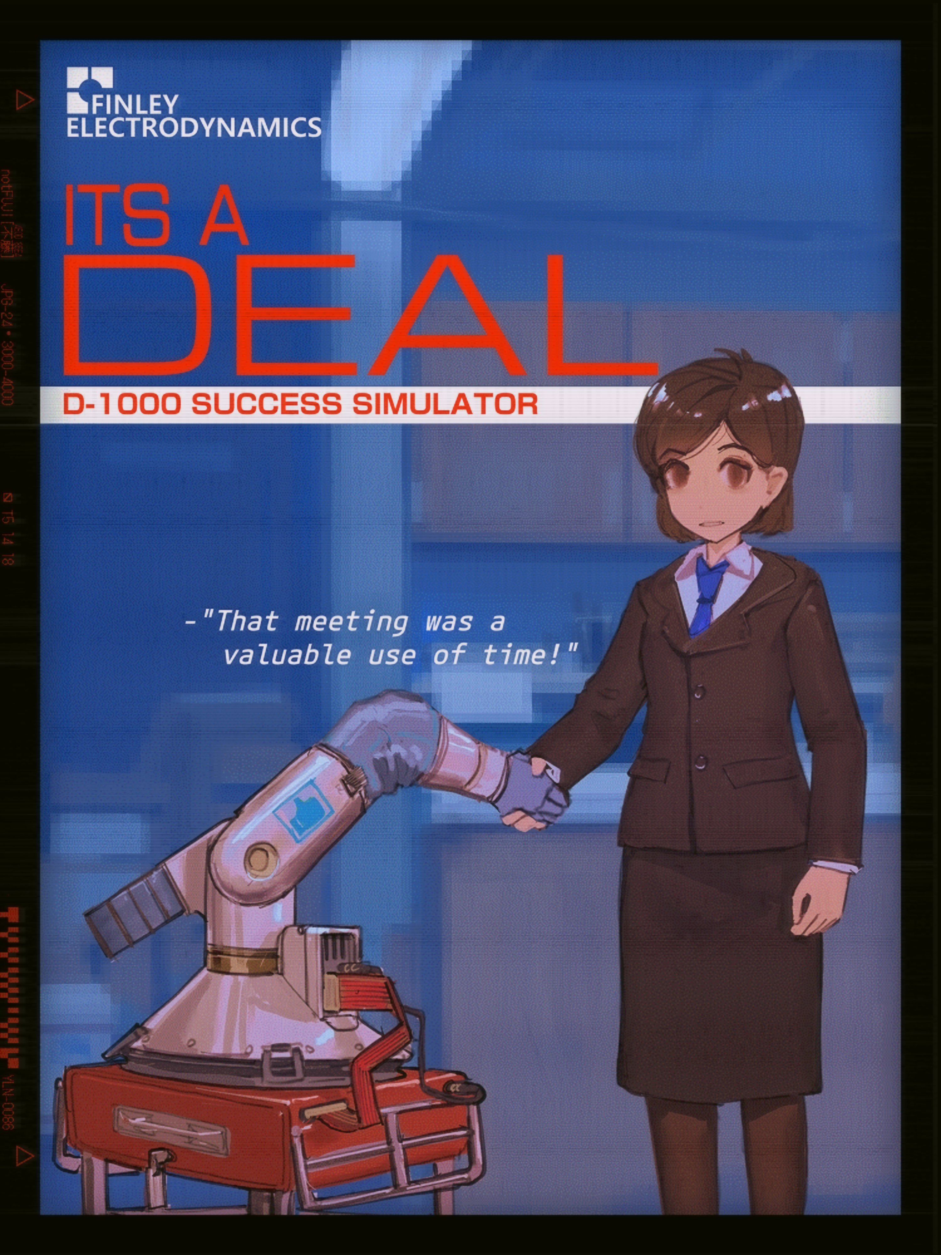 1girl absurdres ahoge awkward black_border blue_background blue_necktie border brown_eyes brown_hair brown_skirt brown_suit color_contrast english_text fake_ad feet_out_of_frame formal_clothes handshake highres indoors mechanical_arms necktie no_pupils notfuji office_lady original painterly pantyhose parody parted_lips pencil_skirt pixelated_background robot scene_reference shirt short_hair single_mechanical_arm skirt skirt_suit solo suit text_focus the_office thumbs_up white_shirt