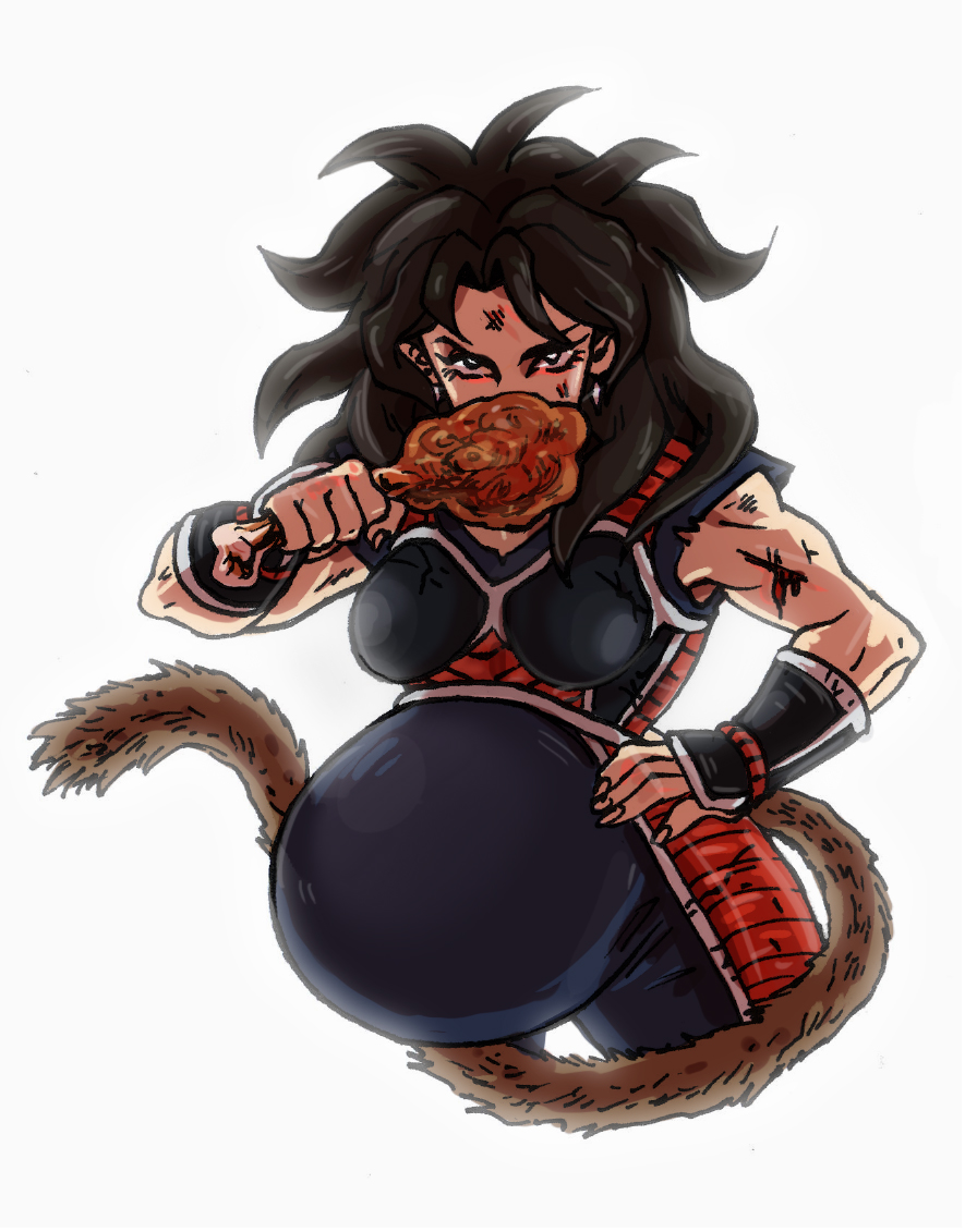 bird black_hair black_jumpsuit chicken dragon_ball dragonball_z drumsticks eating hand_on_own_hip jumpsuit monkey_tail muscular muscular_female original pregnant saiyan saiyan_armor saiyan_tail staring tail tomboy wild_hair