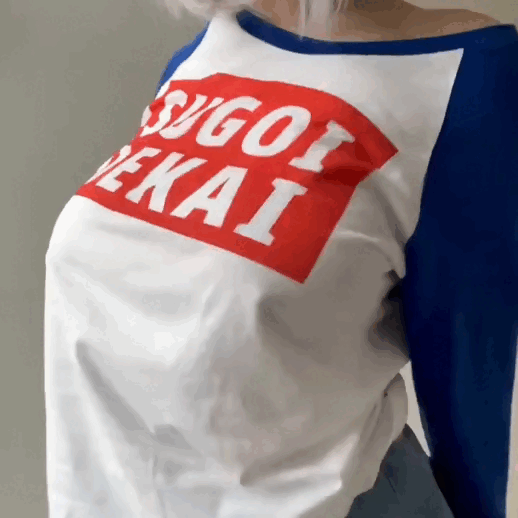 1girl animated animated_gif bouncing_breasts breasts cosplay covering_breasts covering_privates denim denim_skirt female_focus head_out_of_frame large_breasts long_sleeves navel raglan_sleeves real_life shirt skirt solo sugoi_dekai teasing uzaki-chan_wa_asobitai! uzaki_hana uzaki_hana_(cosplay) white_hair white_shirt,