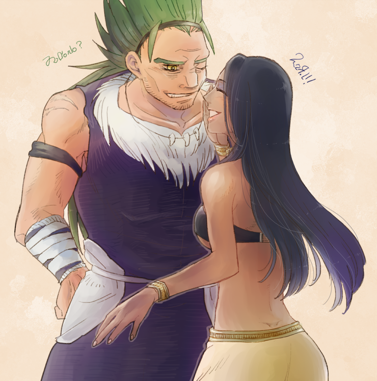 1boy 1girl black_hair bracelet dark_skin closed_eyes facial_hair fur_trim green_hair hatsune_(leaden_heart07) headband jewelry long_hair necklace smile spiked_hair stubble the_saga_of_darren_shan truska vancha_march yellow_eyes