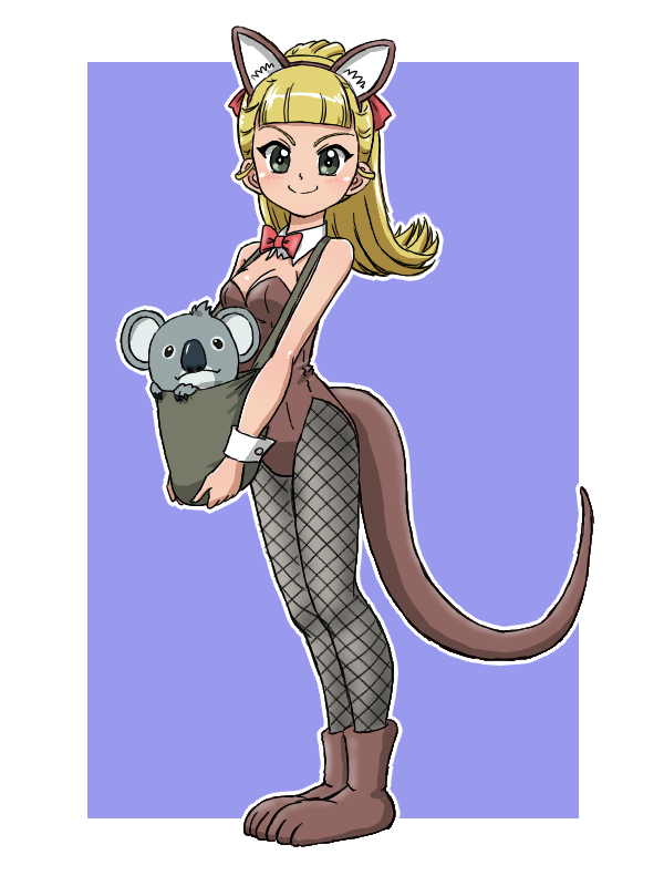 1girl animal bag black_pantyhose blonde_hair blue_background blunt_bangs boots bow bowtie breasts brown_boots brown_leotard closed_mouth collar detached_collar fishnet_pantyhose fishnets full_body girls_und_panzer green_eyes holding holding_animal kangaroo_costume kangaroo_ears kangaroo_tail koala leotard looking_at_viewer medium_hair outline pantyhose playboy_bunny ponytail red_bow red_bowtie simple_background small_breasts smile solo standing takahashi_kurage wallaby_(girls_und_panzer) white_collar white_outline wing_collar wrist_cuffs