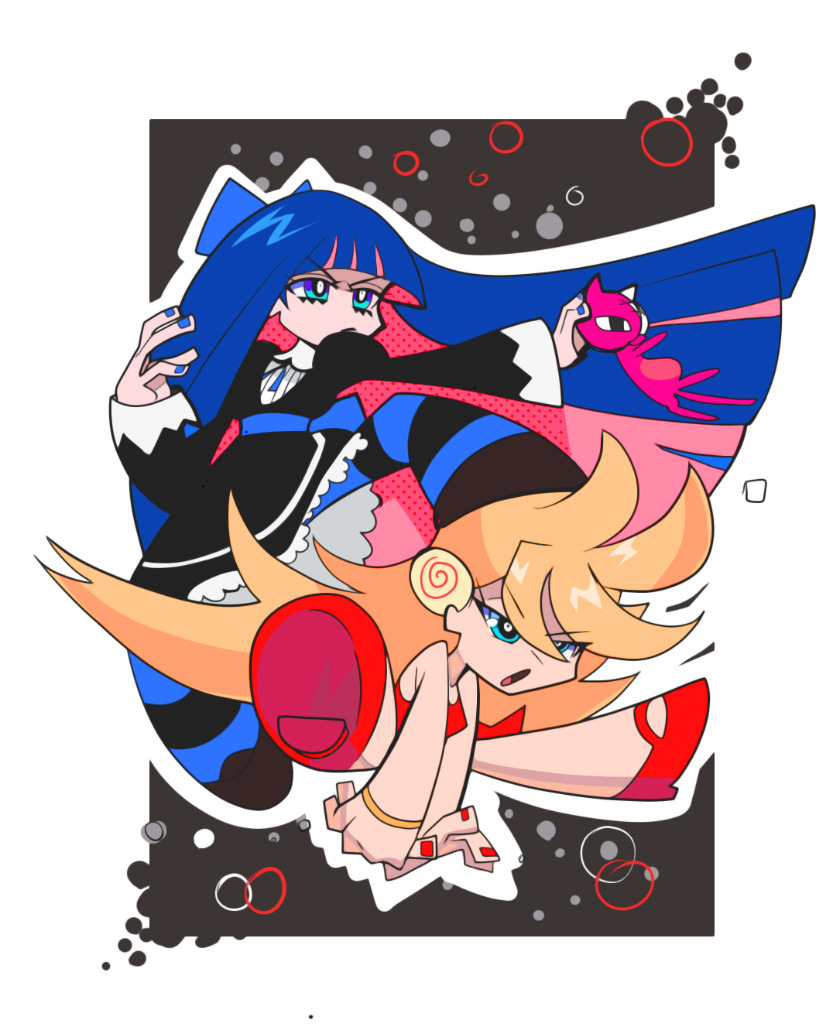 2girls black_dress blonde_hair blue_eyes blue_nails border bright_pupils closed_mouth colored_inner_hair dress honekoneko_(psg) long_hair multicolored_hair multiple_girls open_mouth panty_&amp;_stocking_with_garterbelt panty_(psg) pantyhose phil_dragash red_dress red_nails siblings sisters stocking_(psg) striped_clothes striped_pantyhose white_border white_pupils