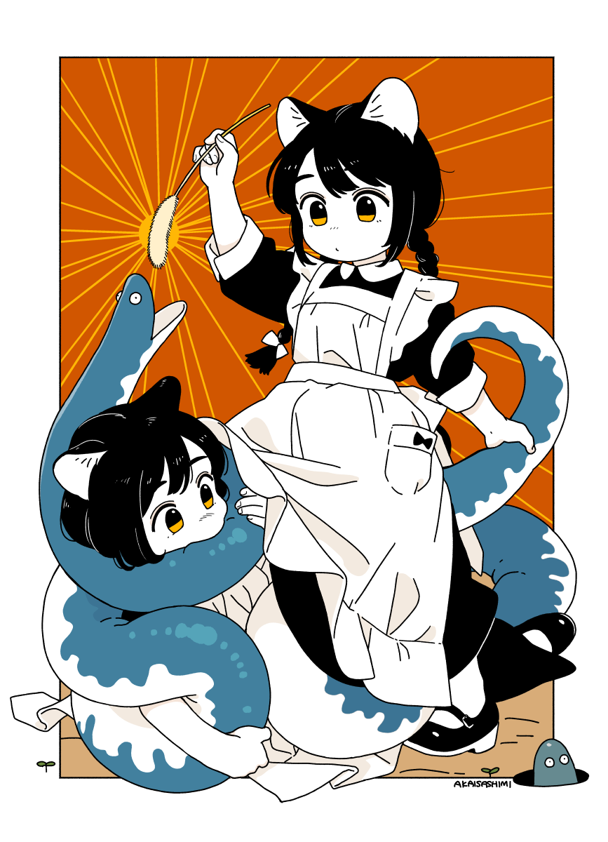 2girls akai_sashimi animal animal_ears apron artist_name biting black_dress black_hair black_shoes bow braid cat_ears closed_mouth collared_dress colored_skin dress eel full_body hair_bow highres holding holding_animal long_hair mary_janes multiple_girls original shoes single_braid standing swept_bangs three-quarter_sleeves white_apron white_bow white_skin yurie_mouth