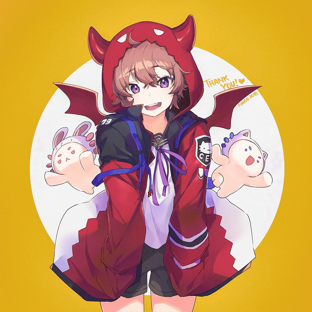 1girl ahoge brown_hair brown_shorts character_request commentary_request copyright_request dated fake_horns fake_wings female_focus hand_in_jacket hood horned_hood horns jacket long_sleeves looking_at_viewer nagu open_mouth purple_eyes purple_ribbon red_jacket red_wings ribbon shirt short_hair shorts solo teeth thank_you upper_teeth_only white_shirt wings yellow_background