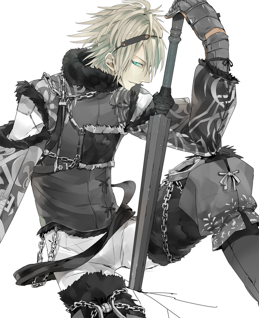 1boy aqua_eyes chain male_focus nier nier_(series) nier_(brother) serori serori360 simple_background solo sword weapon white_hair