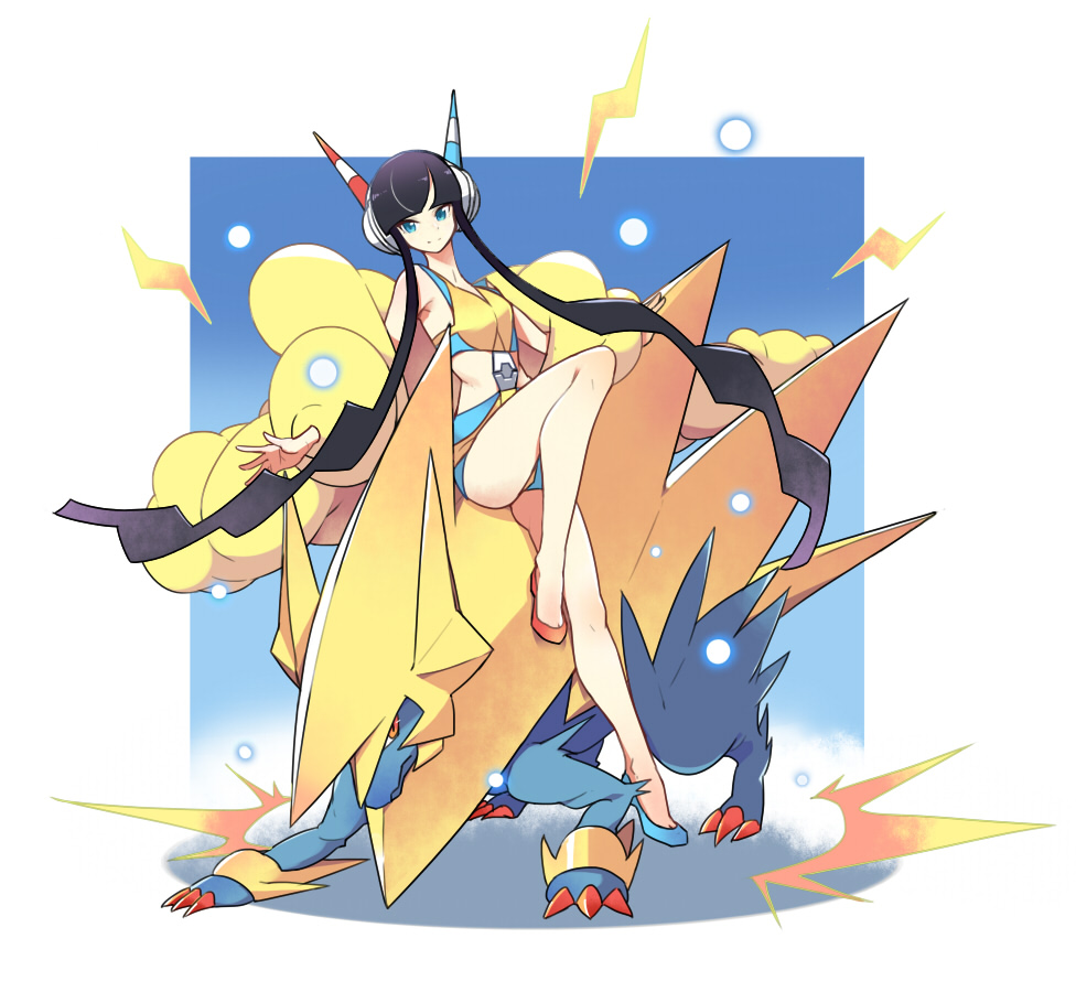 10s 1girl bare_shoulders black_hair blue_eyes coat earphones elesa_(pokemon) fur_coat gen_3_pokemon gradient_background gym_leader manectric mega_manectric mega_pokemon midriff nintendo no_socks pokemon pokemon_(creature) pokemon_bw2 tm_(hanamakisan)