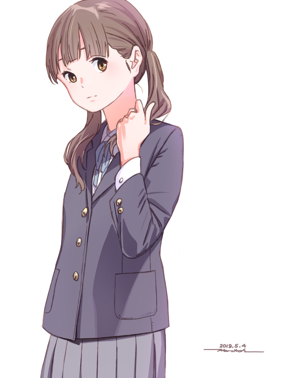 1girl blue_ribbon brown_hair closed_mouth collared_shirt copyright_request cowboy_shot dated female_focus grey_jacket grey_skirt hand_up highres horikou jacket long_sleeves looking_at_viewer neck_ribbon pleated_skirt ribbon school_uniform shirt signature simple_background skirt solo twintails white_background white_shirt wing_cap