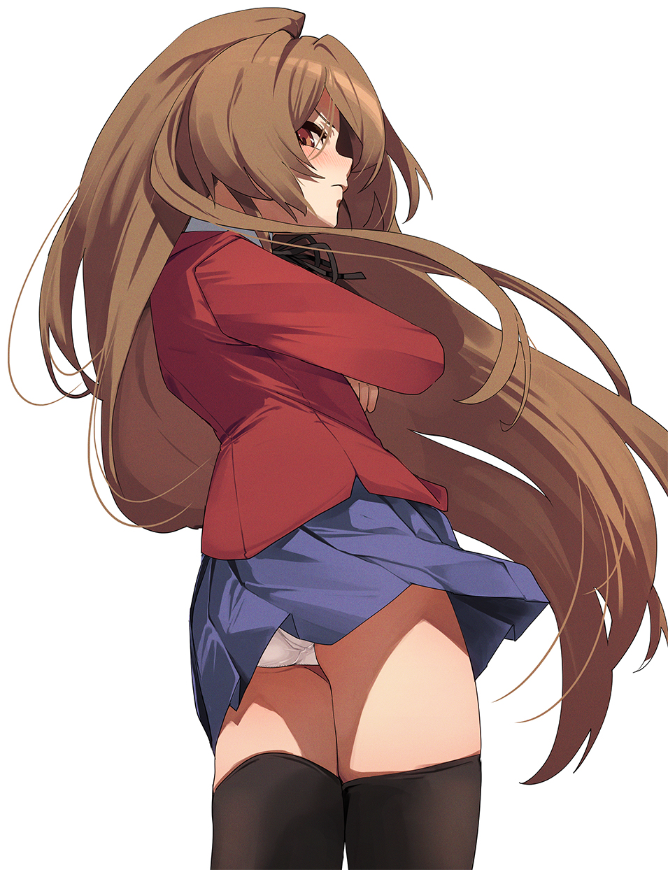 1girl aisaka_taiga ass black_thighhighs blue_skirt brown_eyes brown_hair commentary_request fu-ta highres jacket long_hair looking_at_viewer panties pantyshot red_jacket school_uniform skirt solo thighhighs toradora! underwear white_panties