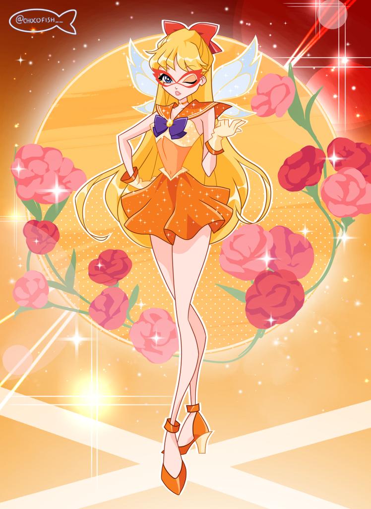 1girl adapted_costume aino_minako bad_id bad_twitter_id bare_legs bare_shoulders bishoujo_senshi_sailor_moon blonde_hair blue_bow blue_bowtie blue_eyes blue_wings bow bowtie brooch cartoonized chocofish choker collarbone commentary english_commentary expressionless eyelashes eyeshadow fairy fairy_wings flower full_body glitter gloves gradient_background hair_bow hand_on_own_hip high_heels jewelry leotard light_particles lipstick long_hair magical_girl makeup mask masquerade_mask miniskirt multicolored_leotard one_eye_closed orange_background orange_choker orange_eyeshadow orange_leotard orange_sailor_collar orange_shoes orange_skirt outline outstretched_hand parody parted_lips pink_flower pink_lips pink_rose pleated_skirt pumps red_bow red_flower red_mask red_rose rose sailor_collar sailor_venus shoes skirt solo sparkle standing strapless strapless_leotard style_parody toon_(style) twitter_username two-tone_leotard venus_(planet) very_long_hair watermark wavy_hair white_outline wings winx_club yellow_gloves yellow_leotard