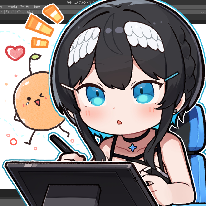 1girl :o bare_arms bare_shoulders black_choker black_dress black_hair blue_eyes blue_hair blue_outline blush chair chibi choker collarbone commentary_request drawing_tablet dress feathered_wings hair_ornament hairclip head_wings holding holding_stylus indie_virtual_youtuber kurata_rine kurata_rine_(vtuber) multicolored_hair notice_lines office_chair on_chair outline parted_lips sleeveless sleeveless_dress solo stylus swivel_chair two-tone_hair virtual_youtuber white_background white_outline white_wings wings