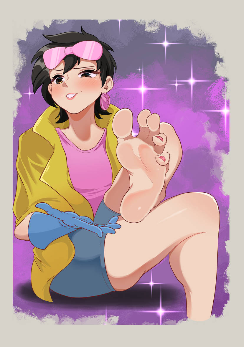 artofadam barefoot black_hair blue_gloves boots earrings feet fireworks foot_focus gloves jacket jewelry jubilation_lee jubilee marvel pink_nails pink_shirt shirt short_hair shorts unworn_boots x-men yellow_jacket