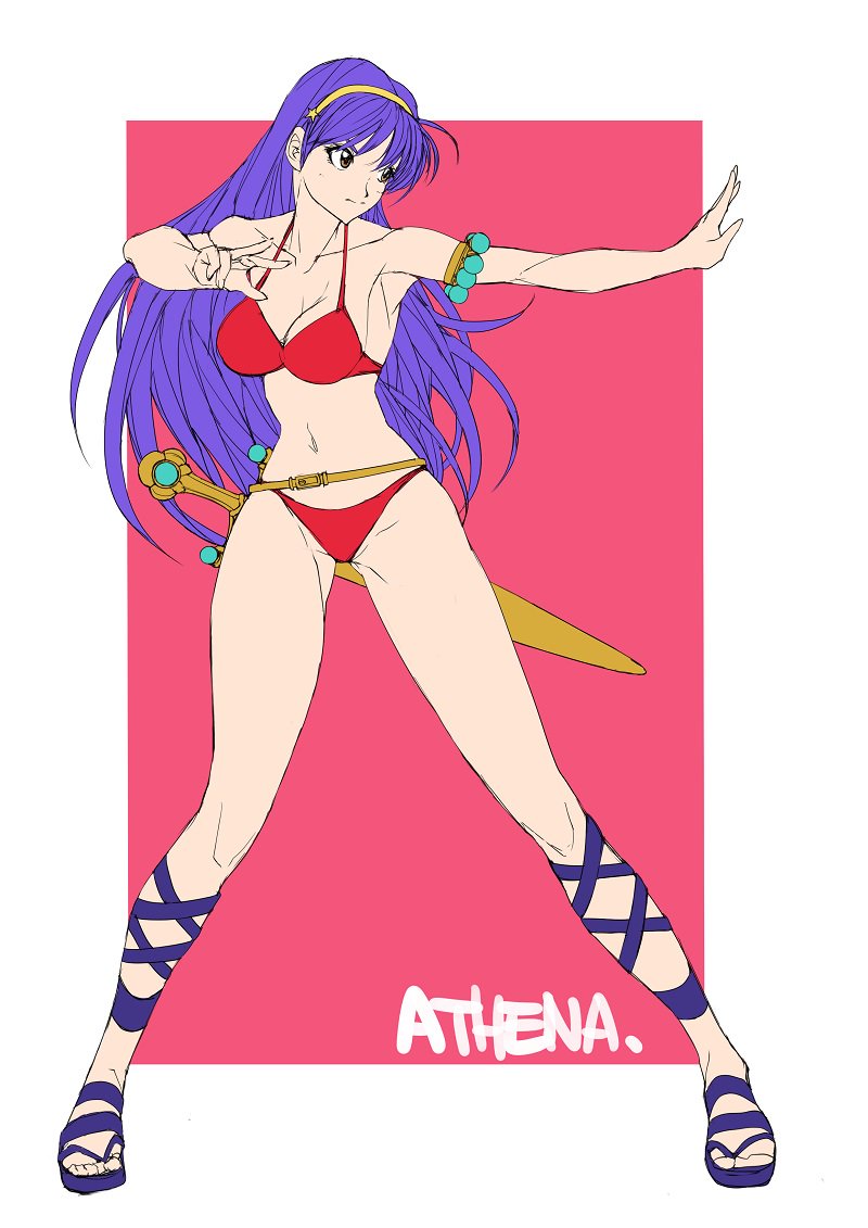 1girl amazon amazon_warrior asamiya_athena bikini breasts brokensouthpaw caiman_(artist) female_focus gold headband jewelry large_breasts long_hair medium_breasts princess_athena purple_hair red_bikini shoes snk snk_heroines:_tag_team_frenzy standing swimsuit the_king_of_fighters thighs