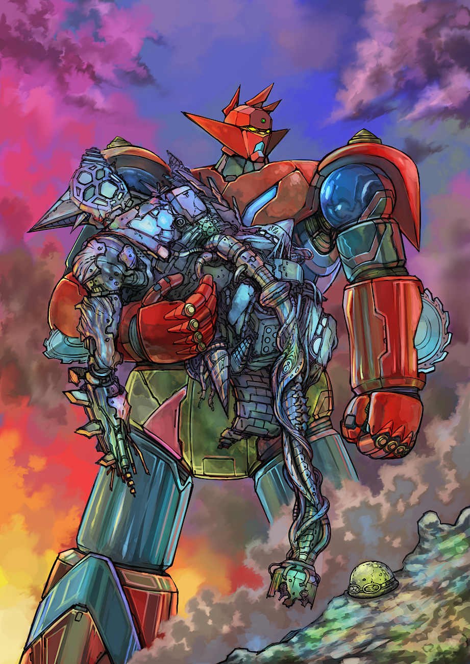 after_battle arm_blade armor blue_armor broken cable cloud cloudy_sky dust_cloud forehead_jewel full_body gem getter-1 getter-2 getter-3 getter_dragon getter_robo getter_robo_(classic) getter_robo_g green_gemstone helmet highres holding looking_to_the_side mecha mecha_focus multicolored_armor no_humans purple_sky red_armor robot sky standing super_robot weapon wreckage yamanushi yellow_armor yellow_helmet
