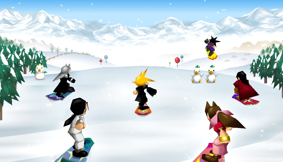 aerith_gainsborough balloon black_hair blonde_hair boots brown_hair cactus chobobo cloud_strife dress final_fantasy final_fantasy_vii garakuta_(chika) icicle_inn lab_coat long_coat long_dress low_poly mountain pine_tree pink_dress popo_(popochan-f) professor_houjou red_cap ribbon sephiroth silver_hair snow snowboard snowboarding spiked_hair square_enix tree vincent_valentine zack_fair
