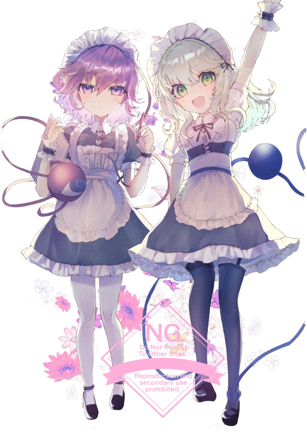 2girls :&lt; :d alternate_costume apron arm_at_side arm_up backlighting black_corset black_ribbon black_shoes black_skirt black_thighhighs blush buttons closed_mouth collared_shirt commentary_request corset enmaided eyeball floating_hair floral_background flower frilled_apron frilled_shirt_collar frilled_skirt frilled_wrist_cuffs frills frown full_body garter_straps green_eyes green_hair hair_between_eyes hair_ornament hair_ribbon happy heart heart_button heart_hair_ornament heart_of_string high-waist_skirt highres holding holding_pen komeiji_koishi komeiji_satori looking_at_viewer maid maid_apron maid_day maid_headdress mary_janes medium_hair multiple_girls neck_ribbon open_mouth pantyhose pen pink_eyes pink_hair puffy_short_sleeves puffy_sleeves purple_flower ribbon shirt shoes short_hair short_sleeves siblings side-by-side sidelighting sidelocks simple_background sisters skirt smile standing sweatdrop thighhighs third_eye touhou tsukikusa watermark waving wavy_hair white_apron white_background white_flower white_pantyhose white_shirt white_wrist_cuffs wrist_cuffs