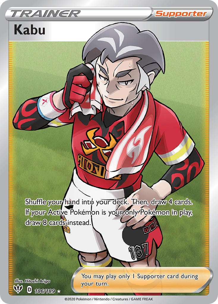1boy ariga_hitoshi artist_name card_(medium) character_name closed_mouth company_name copyright_name copyright_notice dynamax_band english_text gloves grey_hair hand_on_own_hip holding holding_towel kabu_(pokemon) male_focus mature_male multicolored_hair nintendo official_art pokemon pokemon_card pokemon_swsh pokemon_tcg red_shirt shirt short_hair shorts single_glove solo standing sweat third-party_source towel towel_around_neck trading_card two-tone_hair white_hair white_shorts wiping_sweat