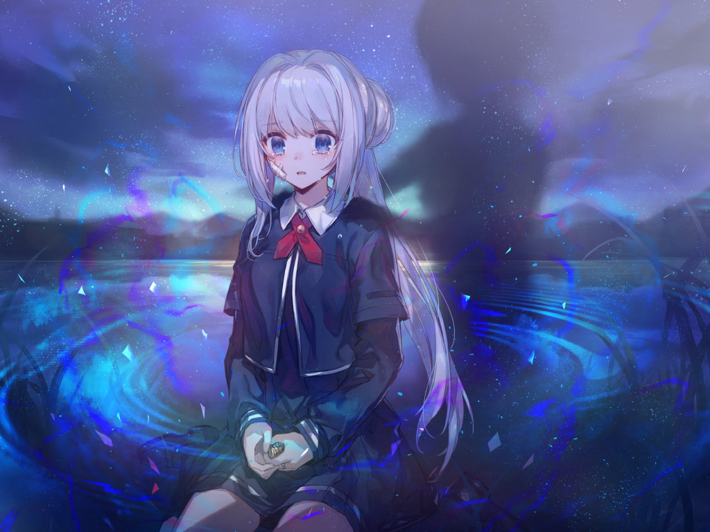 1girl bandaid bandaid_on_cheek bandaid_on_face black_dress black_shoes blue_eyes blue_jacket blue_sky chocoan cloud collared_dress crying crying_with_eyes_open daito_academy_school_uniform dot_nose dress empty_eyes eyelashes frown full_body game_cg gem hair_bun hands_on_another&#039;s_shoulders holding holding_gem jacket layered_sleeves light_particles livia_medeiros long_hair long_sleeves magia_record:_mahou_shoujo_madoka_magica_gaiden mahou_shoujo_madoka_magica mountainous_horizon neck_ribbon official_art open_clothes open_jacket open_mouth pleated_dress pocket red_ribbon ribbon ripples sad school_uniform shadow shoes short_dress short_over_long_sleeves short_sleeves silhouette single_hair_bun sky solo soul_gem sunrise tears very_long_hair white_hair yakumo_mitama