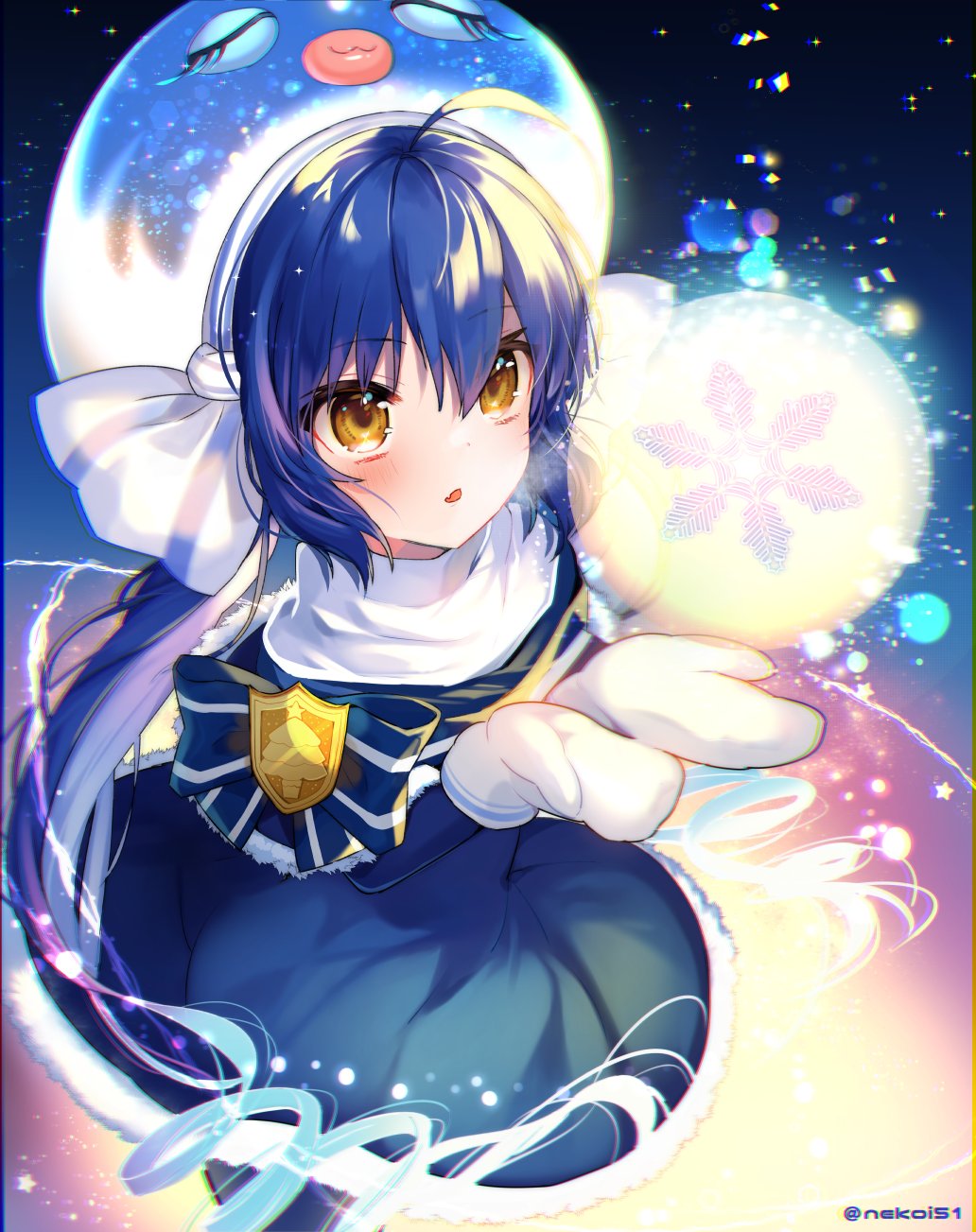 1girl ahoge black_background blue_background blue_bow blue_bowtie blue_capelet blue_dress blue_hair blue_hat blue_pantyhose blurry blush bokeh bow bowtie capelet chestnut_mouth chromatic_aberration depth_of_field dress eel_hat fang fur-trimmed_capelet fur-trimmed_dress fur_trim gradient_background hair_bow hat hexagon highres light_particles long_hair long_sleeves mittens multicolored_background nekoi51 night otomachi_una pantyhose parted_lips purple_background scarf skin_fang snowflakes solo star_(symbol) twintails twitter_username underlighting very_long_hair vocaloid white_bow white_mittens white_scarf winter_clothes yellow_background yellow_eyes
