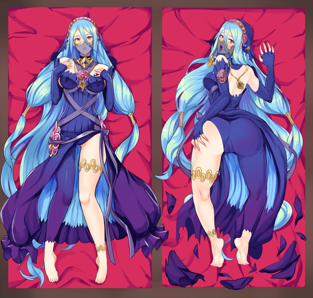1girl anus ass azura_(fire_emblem) azura_(lady_of_ballads)_(fire_emblem) back barefoot bed bed_sheet blue_hair breasts curvy dakimakura_(medium) elbow_gloves feet fingerless_gloves fire_emblem fire_emblem_fates gem gloves hair_between_eyes hand_on_own_ass hand_on_own_chest jewelry large_breasts long_hair looking_at_viewer mouth_veil multiple_views necklace nintendo open_mouth partially_visible_vulva pendant revolverwing simple_background straight_hair thighs tongue tongue_out veil very_long_hair water white_background yellow_eyes